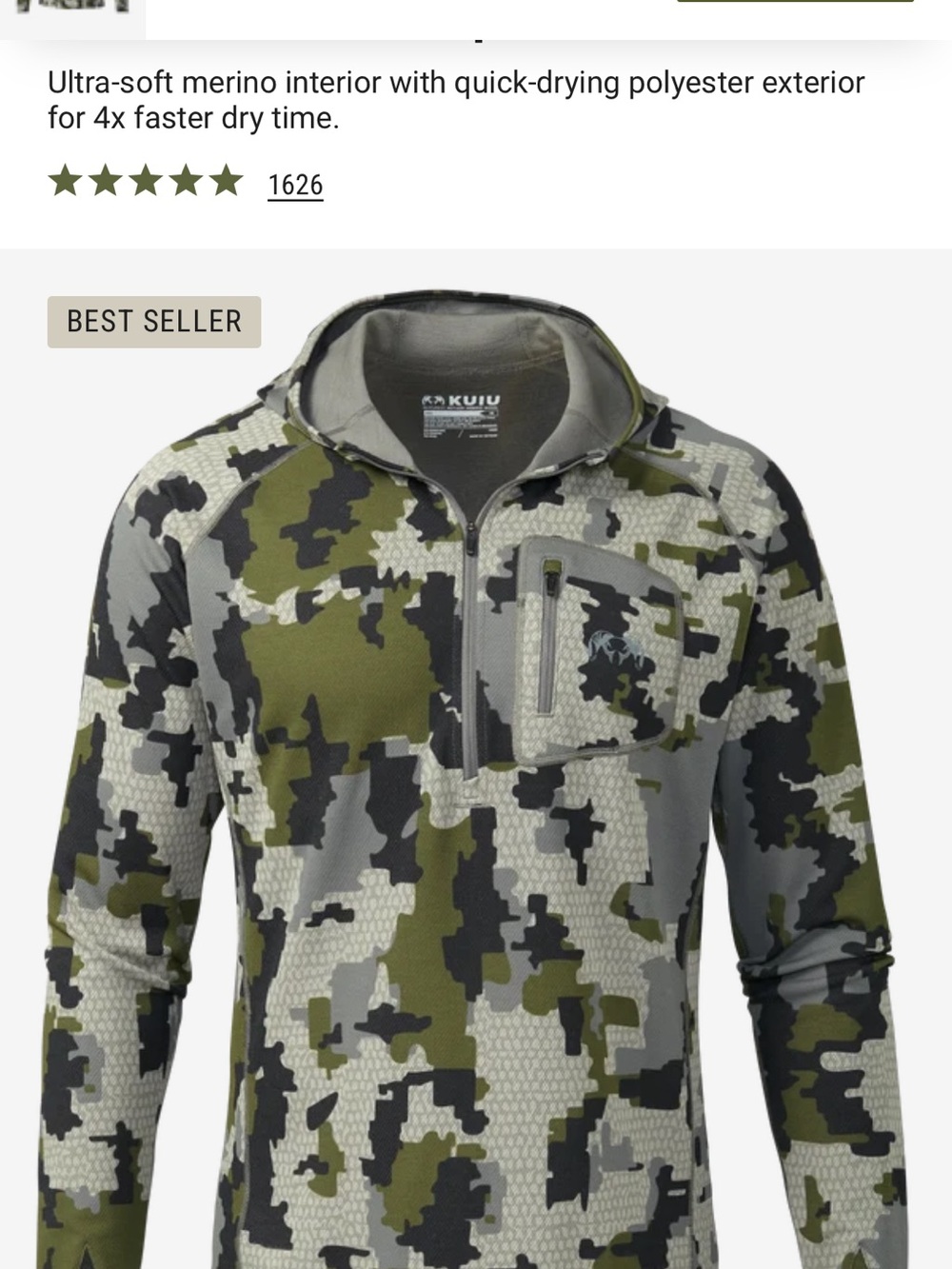 New kuiu PRO Merino 200 Zip-T Hoodie size large verde camo
